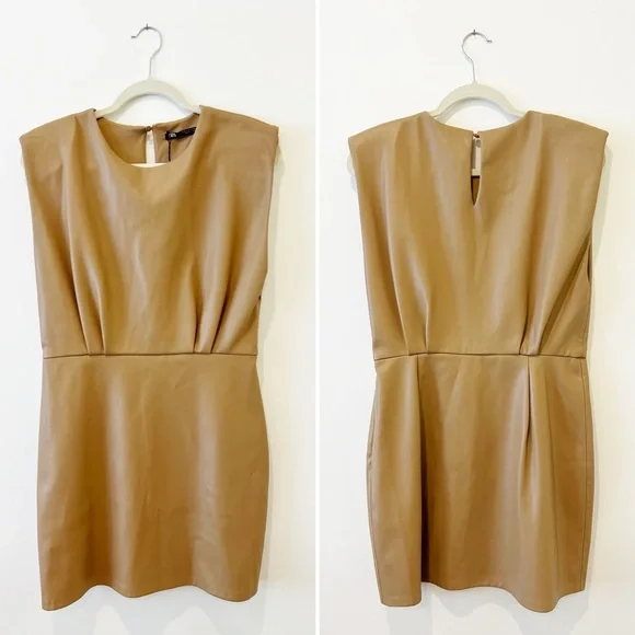 ZARA Faux Leather Padded Shoulder Mini Dress Womens Brown Sleeveless Size Large - Picture 7 of 15